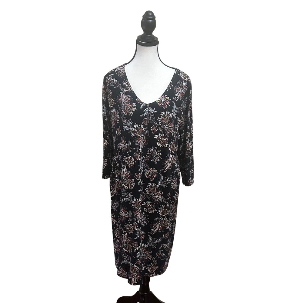 J Jill Wearever Black Floral Paisley‎ Print Knit Midi Dress Size L
